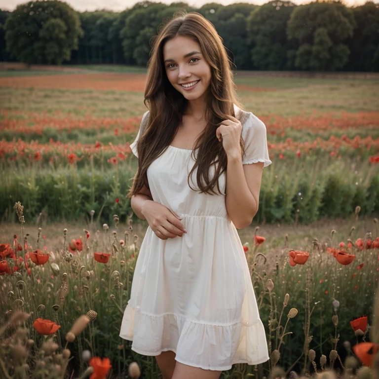 Young smiling woman aged 45, light short dress, standing, big field of poppies, long brown hair, cinematic atmosphere, feminine, natural, Perfect eyes, perfect hands, perfect teeth, pretty smile, smiling look, ultra-sharp, high resolution, imperfect skin, natural skin, wide angle shot