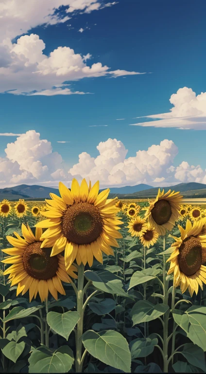 Flowers and summer blue sky、Cumulonimbus clouds are visible in the background、A girl painting a landscape of a vast sunflower field、Girl looking up at the blue sky、Draw a large picture of the sky and sunflowers、highest quality、8k