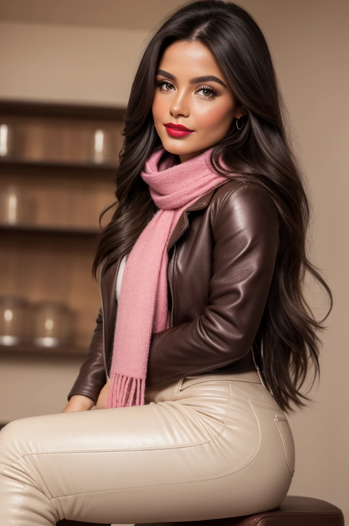 Photorealistic, best quality, hyper detailed, full-body picture. A Gorgeous, pretty, warm-hearted, kind-hearted, good-hearted, stunning, cheerful, sweet, polite, sensitive, sensible, shiny, charming, alluring, dreamy, graceful, classy, stylish, flowing quite long dark haired peruvian woman, a beautiful brunette woman from Perú with the cutest face, skin, soft make-up, red lipstick, she is wearing a leather jacket, skinny trousers, riding boots, and a pink scarf.