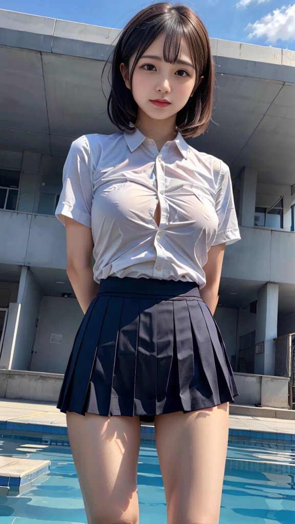 Japan ****** girl、mini skirt、in the swiming pool、************，realistic，(blue sky),japanaese girl，Phenomenally cute,short-hair,(big breasts:1.35),shinny skin,shining legs、(beautiful legs focus:1.2),(tight white shirt:1.2),(collared shirt),(unbuttoned),short sleeves, (pleated skirt), (vivid color panties),outdoors, blue skirt, realistic, (plump body),standing,(skirt lift),(llift skirt by self:1.25),(from below shot),