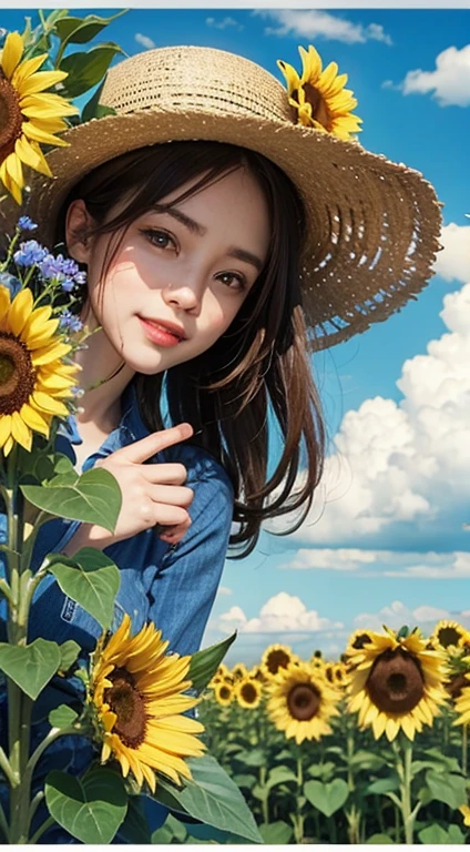 Flowers and blue sky、Autumn sky and beautiful sunflowers、Landscape photo of a vast sunflower field、(View of the sky and wilderness from below)、Girl looking up at the blue sky、Draw a big picture of the sky、Tabletop、highest quality、perfect pretty smile face, Perfect Face, Five Fingers, Two Arms,