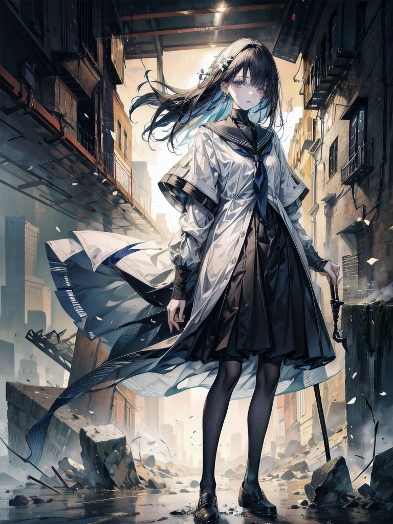navy blue school_uniform, long black socks, brown dress shoes, absurdres, RAW photo, extremely delicate and beautiful, masterpiece, Best Quality, ultra high resolution, 32k, hyperrealistic, ultra-detailed, perfect figure, detailed description, pale skin, 20 years old, detailed beautiful face and eyes, tearful mole, earring, short medium hair, wavy hair,