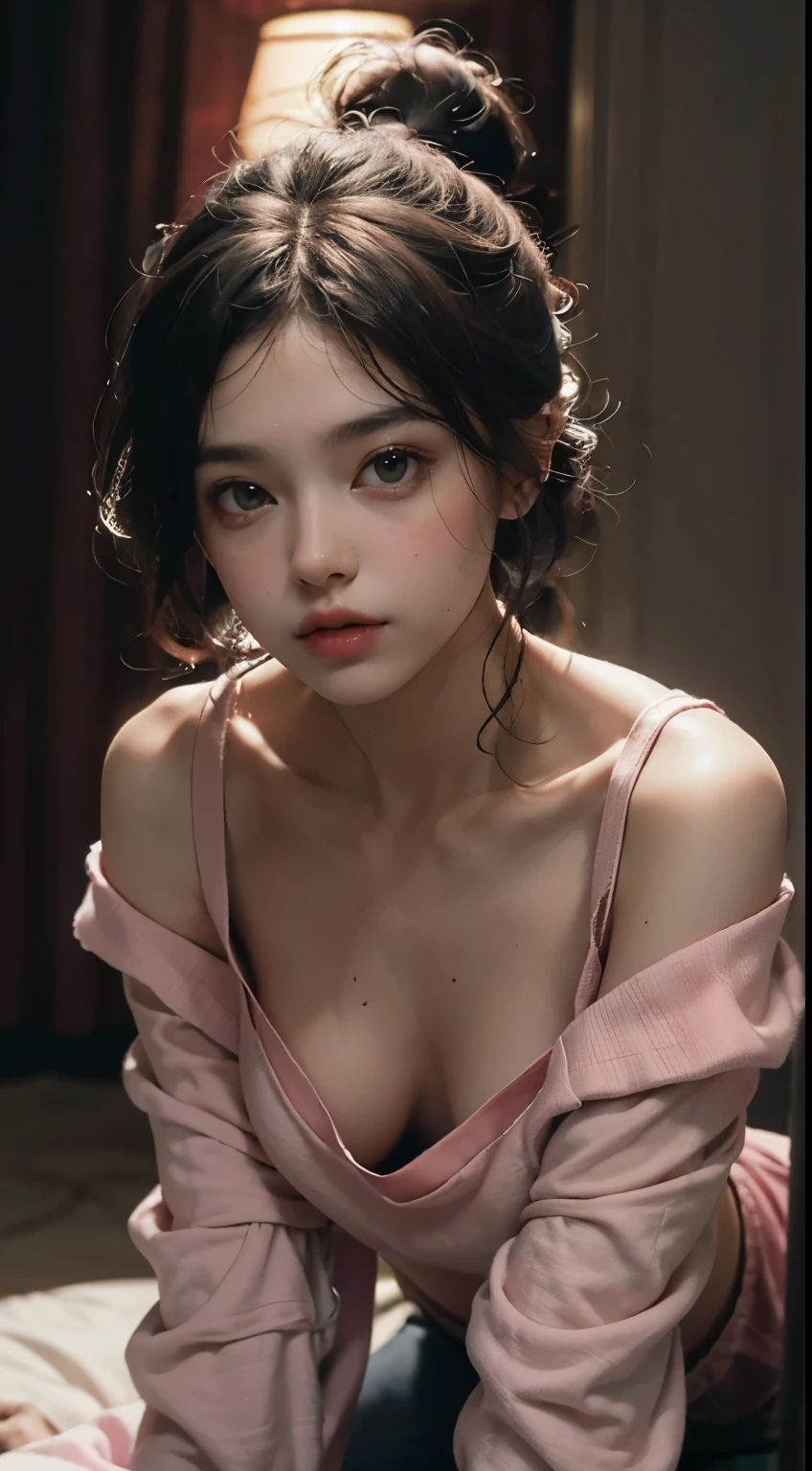 Best Quality, Masterpiece, Ultra High Resolution, (Realisticity: 1.4), Original Photo, 1girl, Pink Off-the-Shoulder, Cinematic Lighting, Downblouse