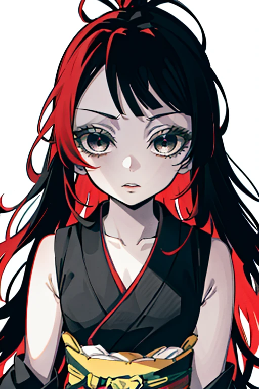 Kimetsu no Yaiba style, 1girl, solo, kblack eyes, bright red hair, extra very long hair,   ((Masterpiece)), ((portraite of a)), The forest is on fire, Lessolo on fire, the night,  ((Masterpiece)), (((hiquality))), japanese clothes, black kimono, Sleeveless, detached sleeves, black nails, blue shadows,  ((Masterpiece)), ((portraite of a)),