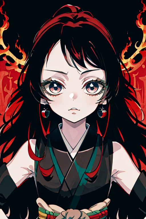 Kimetsu no Yaiba style, 1girl, solo, kblack eyes, bright red hair, extra very long hair, ((Masterpiece)), ((portraite of a)), The forest is on fire, Lessolo on fire, the night, ((Masterpiece)), (((hiquality))), japanese clothes, black kimono, Sleeveless, detached sleeves, black nails, blue shadows, ((Masterpiece)), ((portraite of a)),