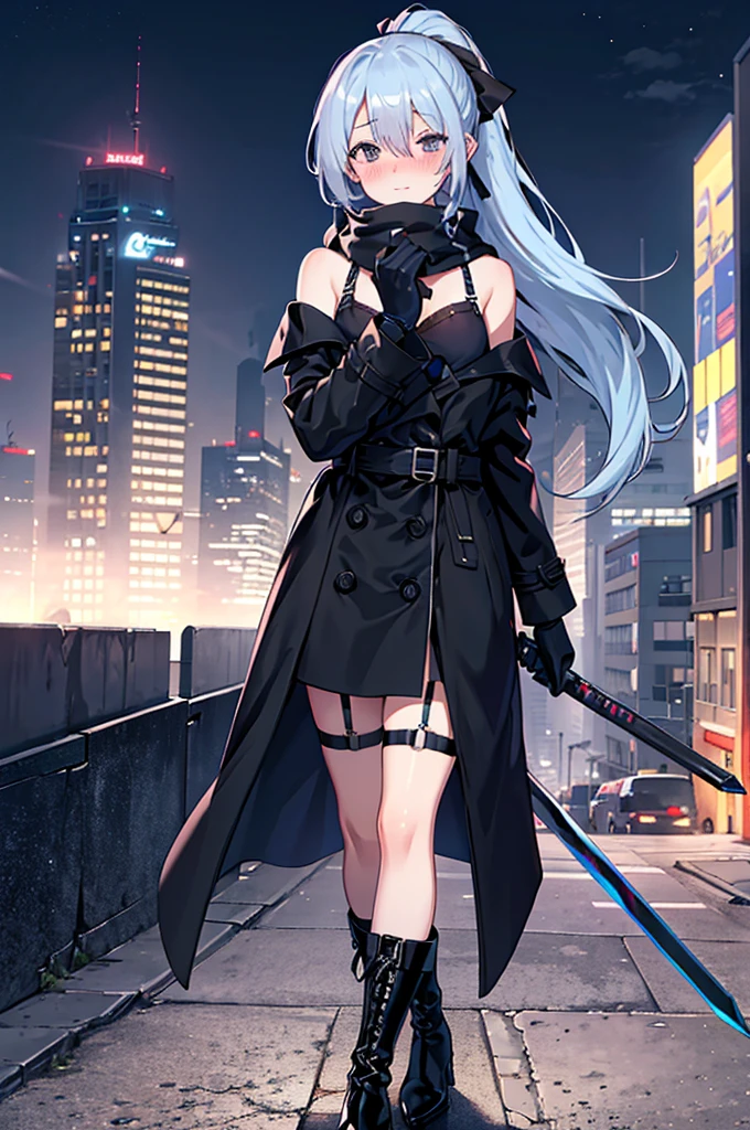 city, skyscraper, skyline, night sky, neon lights, background, gloves, (bare shoulders:1.1), collarbone, (trench_coat:1.1), bottomless, black garter straps, white garter straps, buttons, standing, long hair, ponytail, (hair over one eye:1.331), hair ribbon, full body, gradient hair, blue hair, colored inner hair, scarf, boots, (sword:1.1), (handgun:1.1), black eyes, (nose blush:1.1), (blush:1.1), (ear blush:1.1)