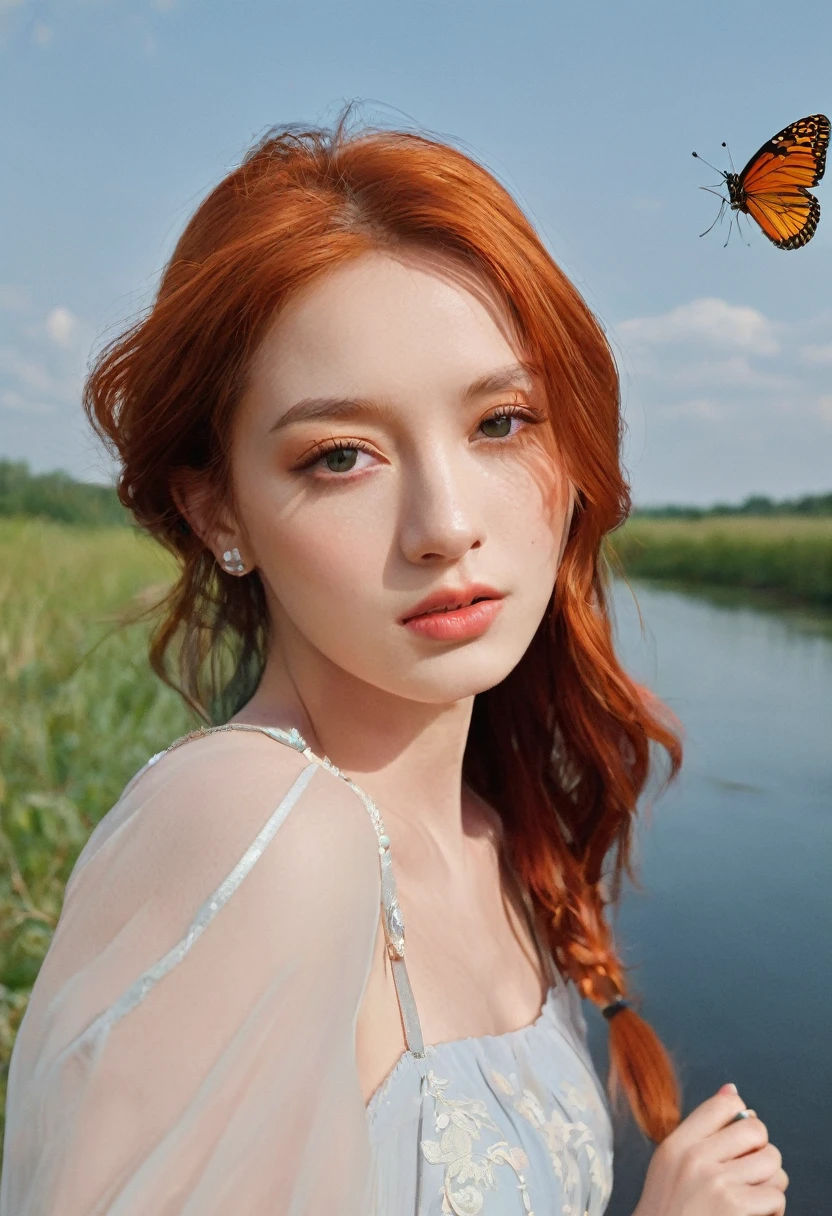 a beautiful girl with a beautiful face, with red hair, runs along the road along the river, butterflies fly around