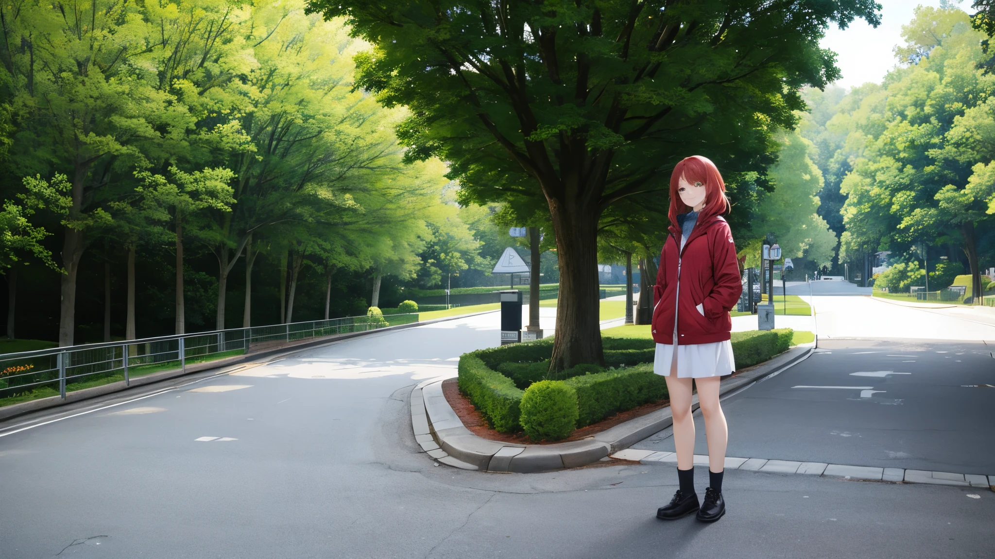 Anime characteran standing in park、Red Hair、smile