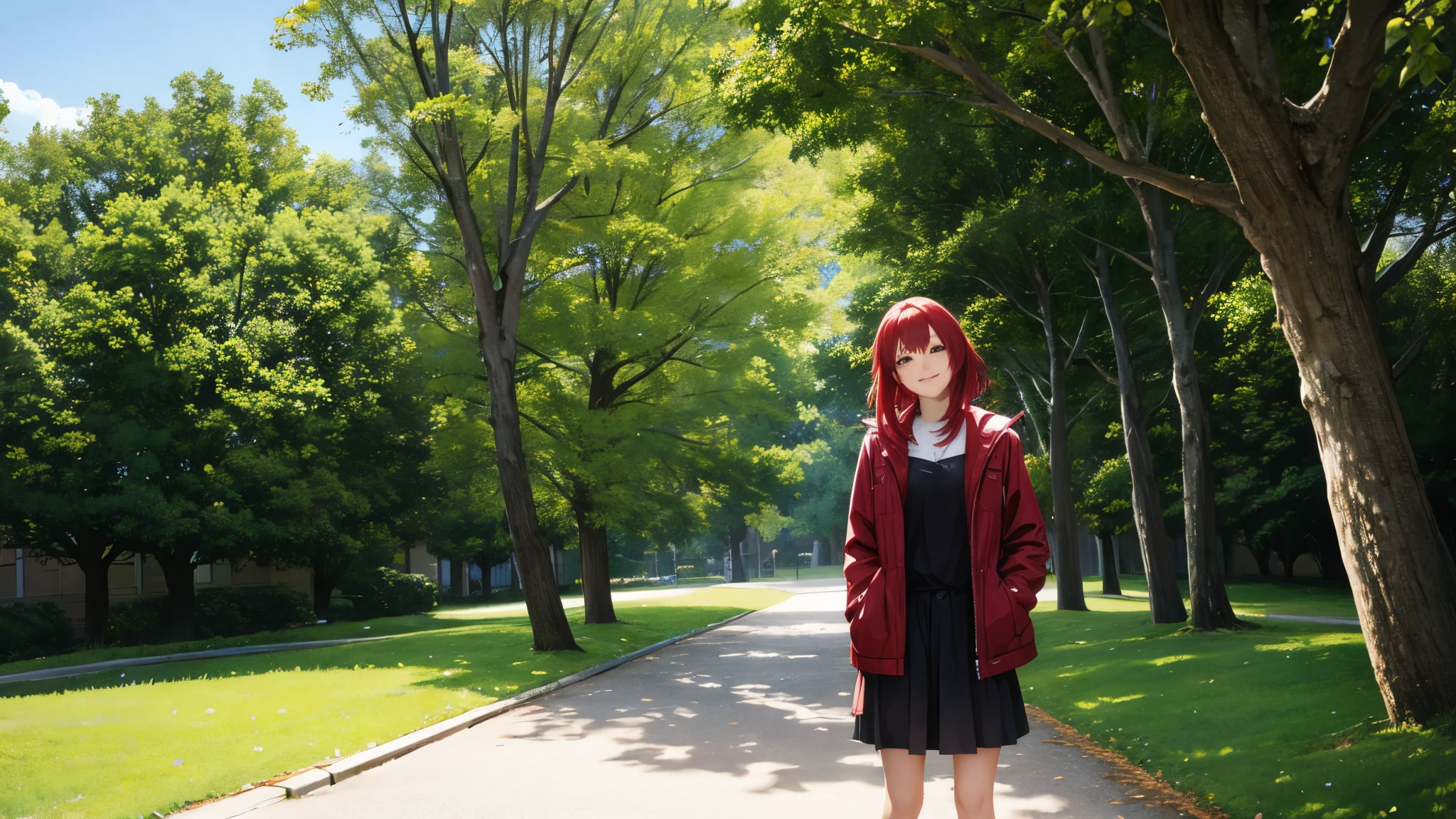 Anime characteran standing in park、Red Hair、smile