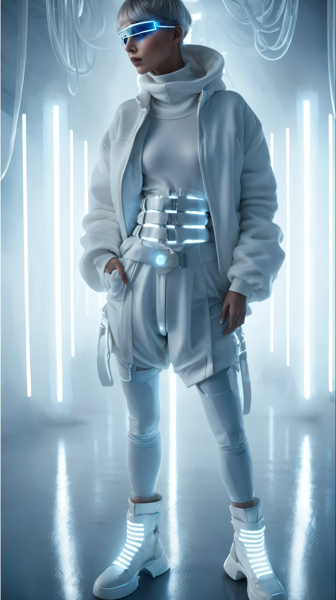 (nsfw:1.2), masterpiece, Best Quality, digital art, The avant-garde, A mysterious and sophisticated young woman with blue eyes wears futuristic and sexy fashion art. She is seated at a wide angle, with her full body in frame. Her outfit includes see-through white sports wear with multiple elastic white led harnesses designed underneath, and led hem, adding a minimalist beauty. She accessorizes with futuristic accessories and wears technical sneakers. wearring a Eyewear, Her demeanor exudes harmony and striking simplicity. hyper small head and face, happy, wide Duck mouth, half open mouth, perfectly aligned teeth, perfect beautiful teeth, light blue eyes, half open eyes, shiny Droopy eyes, gray hair, looking other, She is situated within the interior of a futuristic colony, with mist drifting and steam rising from concrete