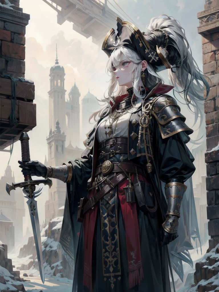 a heavily armored pirate, pirate captain, detailed metal armor, intricate pirate clothing, bold colors, highly detailed metal textures, flintlock pistol, cutlass sword, absurdres, RAW photo, extremely delicate and beautiful, masterpiece, Best Quality, ultra high resolution, 32k, hyperrealistic, ultra-detailed, perfect figure, detailed description, pale skin, 20 years old, detailed beautiful face and eyes, tearful mole, earring, short medium hair, wavy hair,