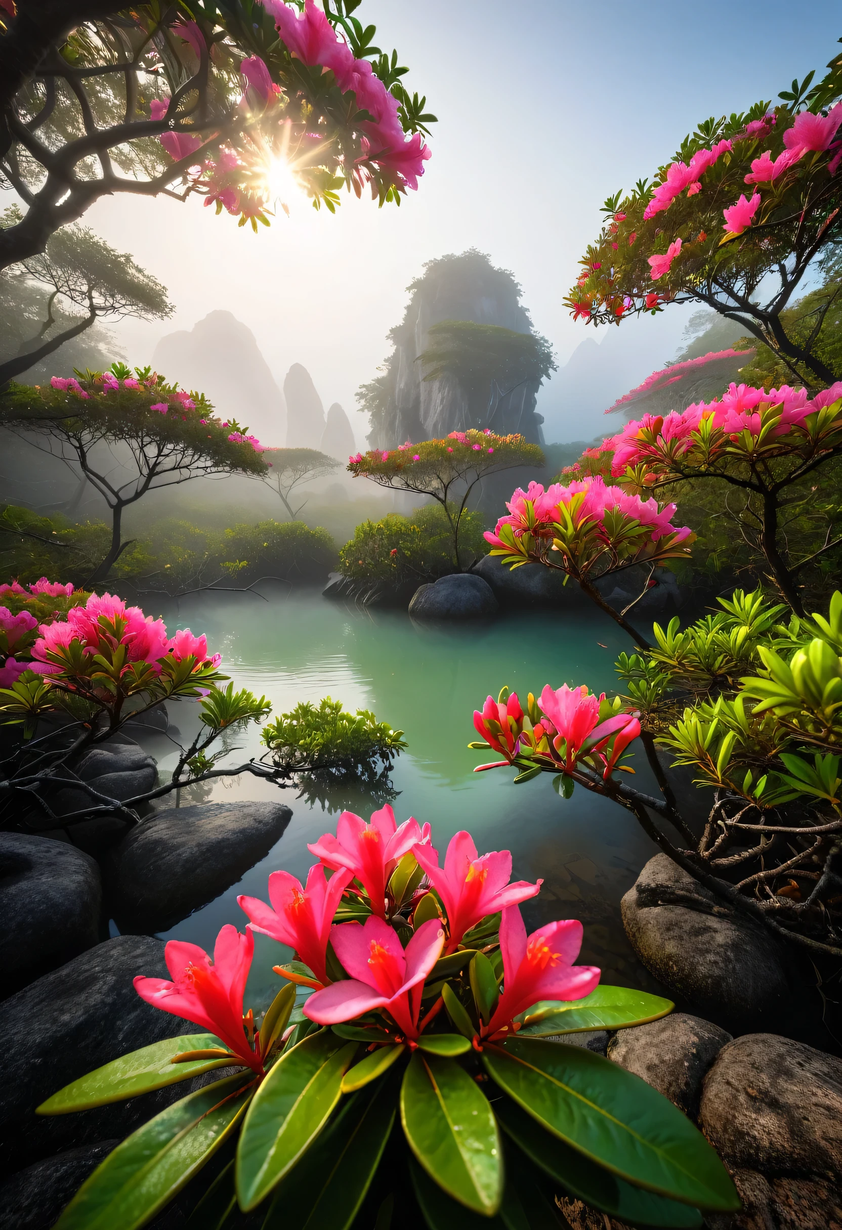 Black and White Photography，Stereoscopic photography，Large depth of field，High Definition，Backlight photography，Scenery photography,National Geographic award-winning works,8k,George Digarakis，Azalea in the foreground，（Delicate extra large azalea flower），（Delicate extra large azalea flower），（Azalea flower close-up），（fog），（Big fog），Middle view of the red mangrove forest，Flowers on the tree，（溪Running Water），（溪Running Water），（Running Water），The strange stone forest in the distance，，Layer upon layer of mountains，（Cool and warm colors），（RAW photos，best quality），（Reality，Photo reality：1.3），masterpiece，Extremely beautiful，high resolution，The original，Perfect lighting，（RAW photos，Best quality），（reality，Photo reality：1.3），masterpiece，Extremely exquisite and beautiful，high resolution，Original，Perfect lighting，（Extremely detailed CG：1.2），Unite，2k wallpaper，Amazing，Fine details