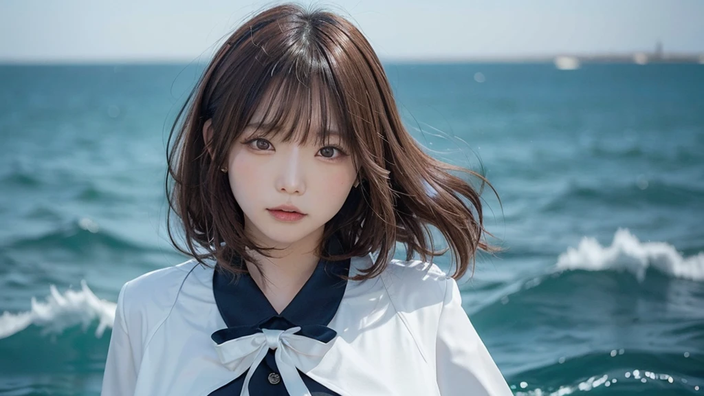 (Dynamic Angle:1.3),Extreme close up,((the wind is strong)),映画ofハイライト,1人of女of子,Upper Body,dancing,View your viewers, ((砂浜of海岸で, alone)), jewelry, blank eyes,brooch, 茶hair,( 長いhair:1.2),floating hairlong_sleeve, ribbon, Jacket, dress, gem, hair_ribbon,null, depth_of_Field, a close view of flying petal,