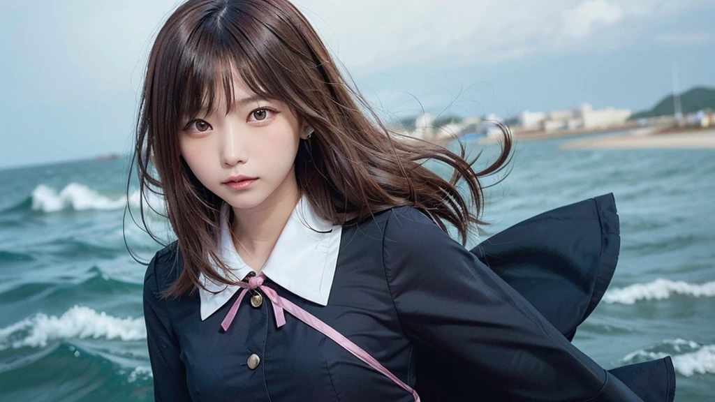 (Dynamic Angle:1.3),Extreme close up,((the wind is strong)),映画ofハイライト,1人of女of子,Upper Body,dancing,View your viewers, ((砂浜of海岸で, alone)), jewelry, blank eyes,brooch, 茶hair,( 長いhair:1.2),floating hairlong_sleeve, ribbon, Jacket, dress, gem, hair_ribbon,null, depth_of_Field, a close view of flying petal,