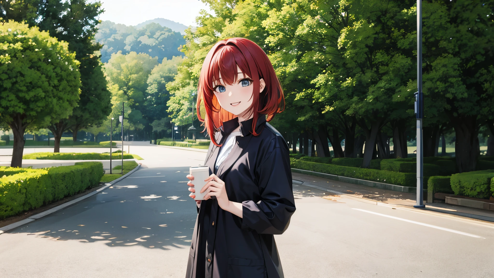 Anime characterale、Standing in the park、Red Hair、smile
