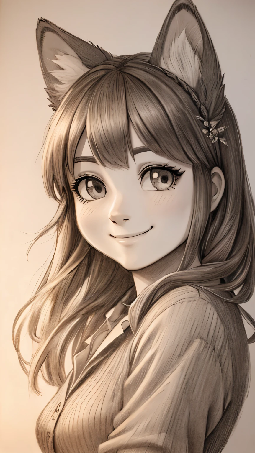 Detailed pencil drawing, 26-year-old woman, detailed pencil drawing, gentle smile