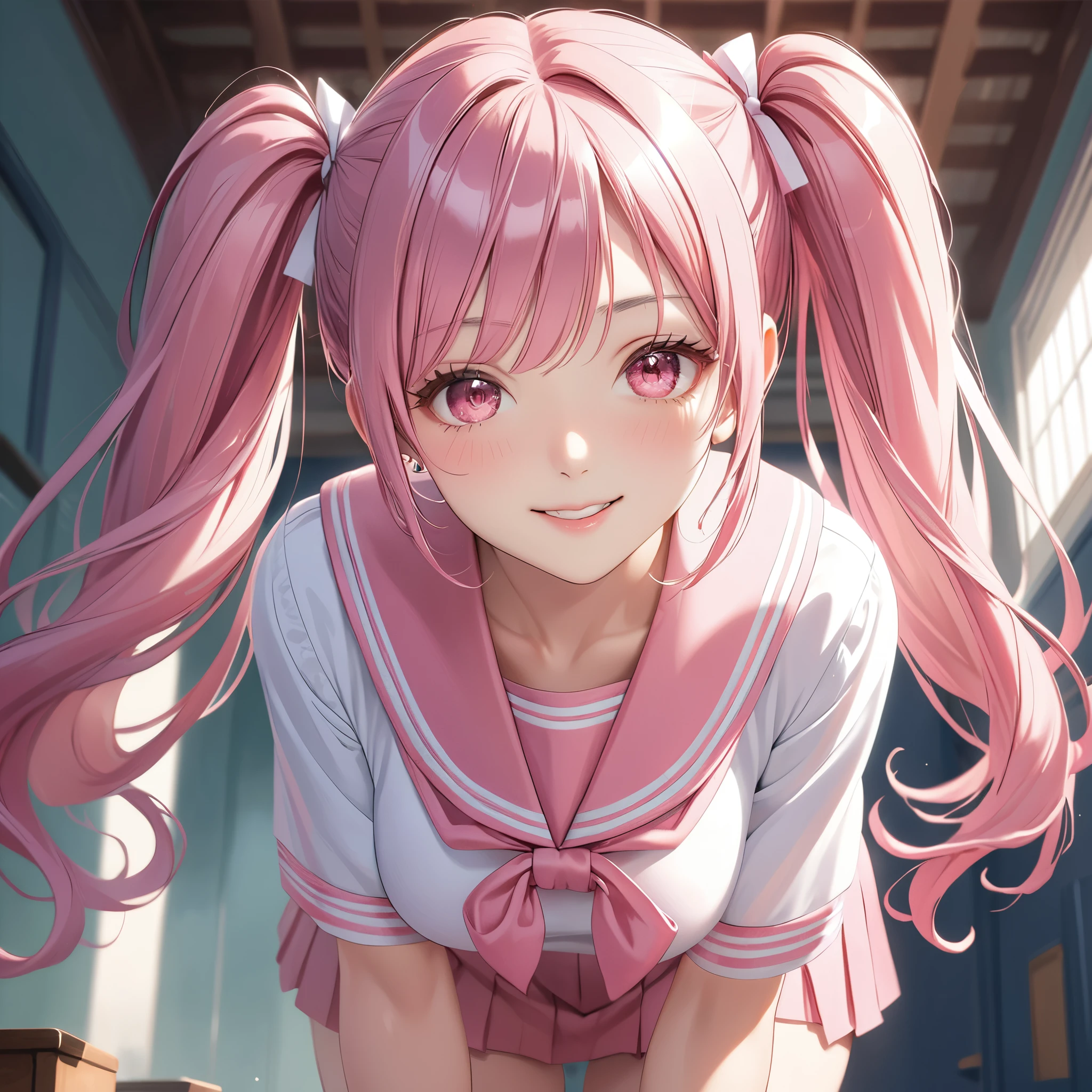 (8K, masutepiece, Best Quality, Official art, beautiful lighting, The best masterpiece in history that exceeds limits, beautiful detailed), (1 Girl, Solo), (sixteen years old), (beautiful detailed face), (shiny white skin), (Beautiful big bust:1.3), (thighs), (beautiful detailed pink twin tails hair, Bangs:1.3), (beautiful detailed drooping pink eyes:1.5), (high school uniform:1.3), (patsel pink sailor collar, white short sleeves short length outing shirt, pastel pink pleated skirt, patsel pink ribbon:1.3), (happy smile:1.2), (Attractive, Look at the camera, cute pose), breathtaking scenery, (ultra detailed realistic Beautiful high school, study, blue sky:1.2),