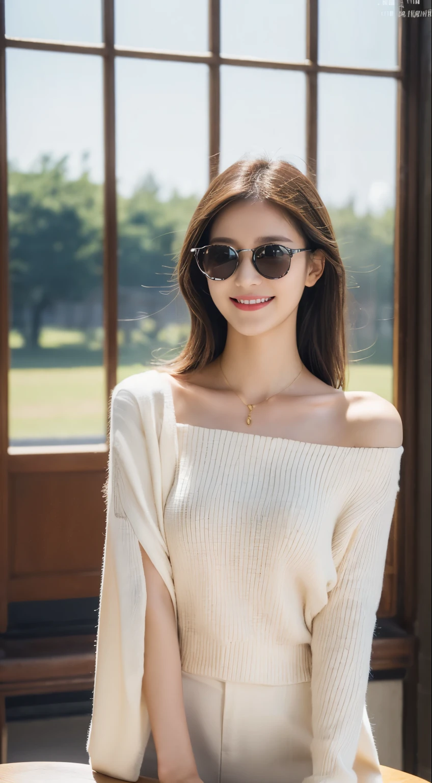 ((masterpiece, Top image quality, high resolution、Solitary、Glowing skin))(on the table, best quality, Practical, Super detailed, meticulous, high resolution, 8k wallpaper), Close-up portrait of a beautiful woman, like, Smile, Light brown messy hair, Perfect dynamic composition, 美丽meticulous的眼睛, Just like the cover of a fashion magazine, On Campus,wearing gold glasses