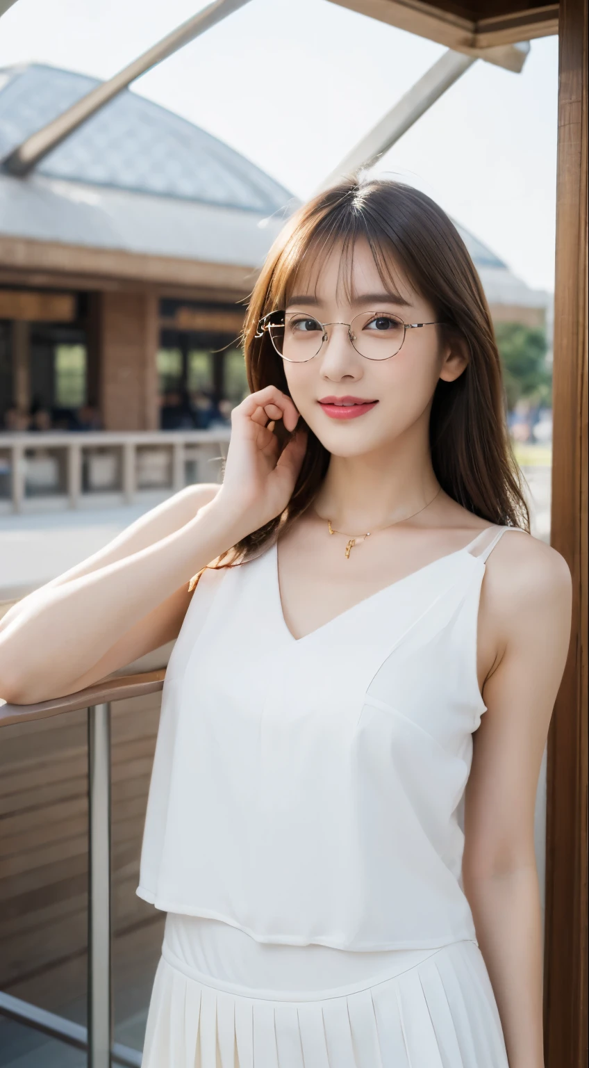 ((masterpiece, Top image quality, high resolution、Solitary、Glowing skin))(on the table, best quality, Practical, Super detailed, meticulous, high resolution, 8k wallpaper), Close-up portrait of a beautiful woman, like, Smile, Light brown messy hair, Perfect dynamic composition, 美丽meticulous的眼睛, Just like the cover of a fashion magazine, On Campus，wearing gold glasses