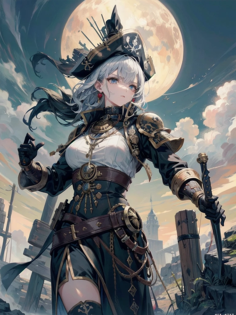 a heavily armored pirate, pirate captain, detailed metal armor, intricate pirate clothing, bold colors, highly detailed metal textures, flintlock pistol, cutlass sword, absurdres, RAW photo, extremely delicate and beautiful, masterpiece, Best Quality, ultra high resolution, 32k, hyperrealistic, ultra-detailed, perfect figure, detailed description, pale skin, 20 years old, detailed beautiful face and eyes, tearful mole, earring, short medium hair, wavy hair, 
