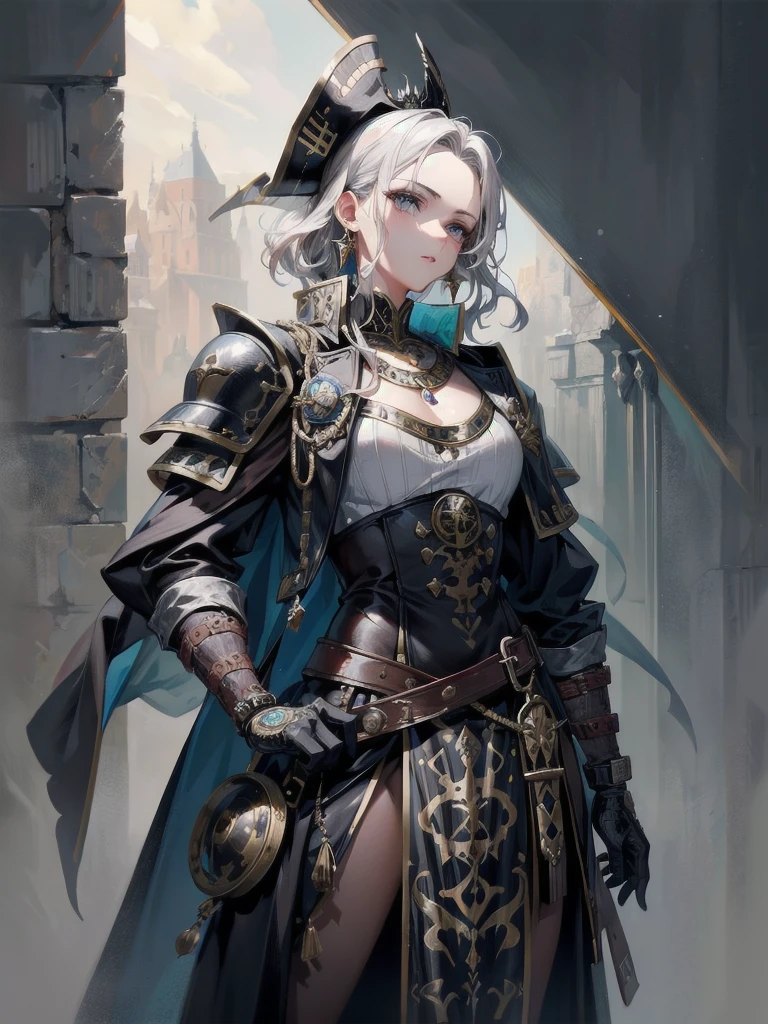 a heavily armored pirate, pirate captain, detailed metal armor, intricate pirate clothing, bold colors, highly detailed metal textures, flintlock pistol, cutlass sword, absurdres, RAW photo, extremely delicate and beautiful, masterpiece, Best Quality, ultra high resolution, 32k, hyperrealistic, ultra-detailed, perfect figure, detailed description, pale skin, 20 years old, detailed beautiful face and eyes, tearful mole, earring, short medium hair, wavy hair,