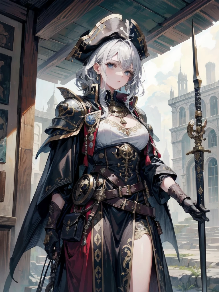 a heavily armored pirate, pirate captain, detailed metal armor, intricate pirate clothing, bold colors, highly detailed metal textures, flintlock pistol, cutlass sword, absurdres, RAW photo, extremely delicate and beautiful, masterpiece, Best Quality, ultra high resolution, 32k, hyperrealistic, ultra-detailed, perfect figure, detailed description, pale skin, 20 years old, detailed beautiful face and eyes, tearful mole, earring, short medium hair, wavy hair,