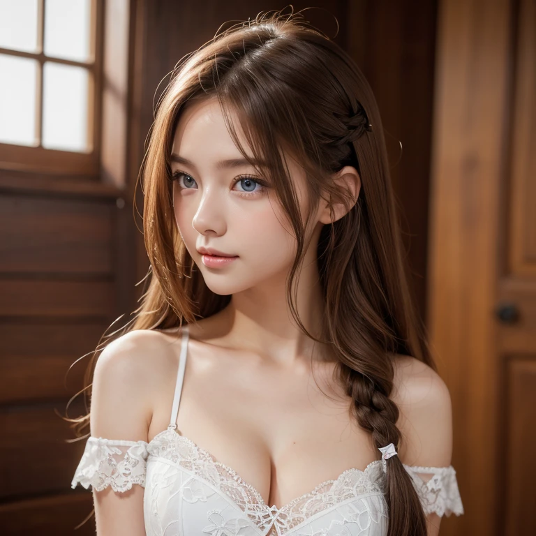 (8k, RAW photograph, highest quality, masterpiece:1.3),(Genuine,photograph:1.37),(Looking at the audience:1.331),Pause,One girl,とてもbeautiful顔,small,Hair weight,Fluffy hair,Random representation,Smile with the corners of your mouth,Big eyes,highest quality Hair,((highest quality)), ((masterpiece)), (detailed), whole body、wallpaper、Attention to detail、Perfect balance、Tight waist、Chestnut Hair、beautiful, Beautiful Skin、beautiful white skin、Russian Beauty、Blue Eyeasterpiece:1.3), 一眼レフphotograph、Best image quality: 1.4, (Rough long hairstyle:1.2)、Soft Breasts、Cleavage:1.4、Stylish clothes、cute clothes with lace