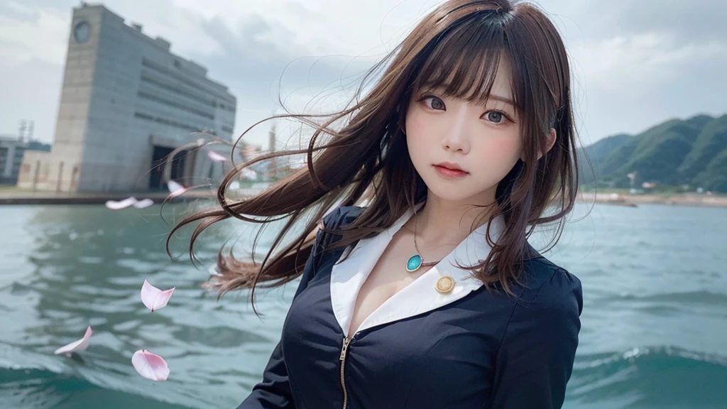 (Dynamic Angle:1.3),Extreme close up,((the wind is strong)),映画ofハイライト,1人of女of子,Upper Body,dancing,View your viewers, ((砂浜of海岸で, alone)), jewelry, blank eyes,brooch, 茶hair,( 長いhair:1.2),floating hairlong_sleeve, ribbon, Jacket, dress, gem, hair_ribbon,null, depth_of_Field, a close view of flying petal,