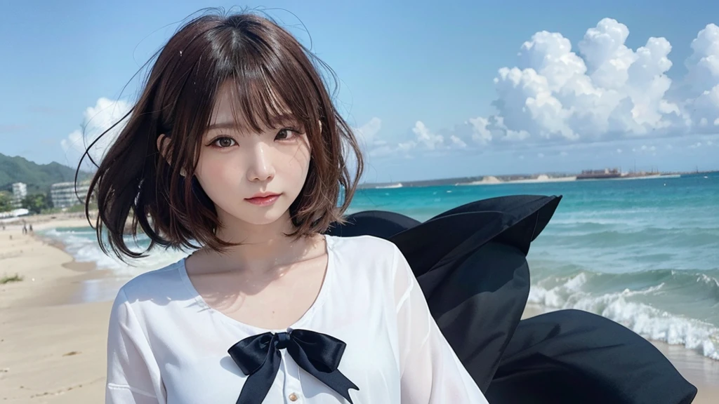 (Dynamic Angle:1.3),Extreme close up,((the wind is strong)),映画ofハイライト,1人of女of子,Upper Body,dancing,View your viewers, ((On the beach, alone)), jewelry, blank eyes,brooch, 茶hair,( 長いhair:1.2),floating hairlong_sleeve, ribbon, Jacket, dress, gem, hair_ribbon,null, depth_of_Field, a close view of flying petal,