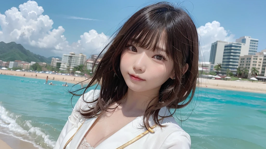 (Dynamic Angle:1.3),Extreme close up,((the wind is strong)),映画ofハイライト,1人of女of子,Upper Body,dancing,View your viewers, ((On the beach, alone)), jewelry, blank eyes,brooch, 茶hair,( 長いhair:1.2),floating hairlong_sleeve, ribbon, Jacket, dress, gem, hair_ribbon,null, depth_of_Field, a close view of flying petal,