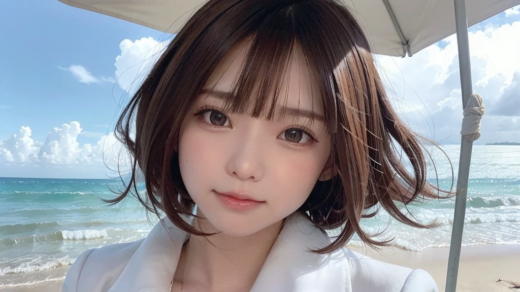 (Dynamic Angle:1.3),Extreme close up,((the wind is strong)),映画ofハイライト,1人of女of子,Upper Body,dancing,View your viewers, ((On the beach, alone)), jewelry, blank eyes,brooch, 茶hair,( 長いhair:1.2),floating hairlong_sleeve, ribbon, Jacket, dress, gem, hair_ribbon,null, depth_of_Field, a close view of flying petal,