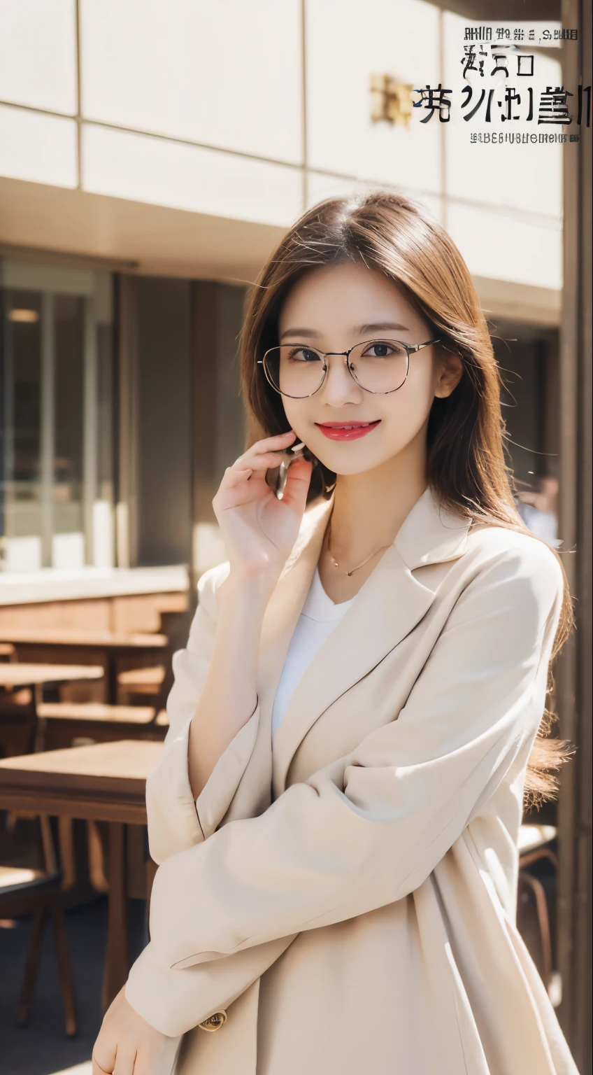 ((masterpiece, Top image quality, high resolution、Solitary、Glowing skin))(on the table, best quality, Practical, Super detailed, meticulous, high resolution, 8k wallpaper), Close-up portrait of a beautiful woman, like, Smile, Light brown messy hair, Perfect dynamic composition, 美丽meticulous的眼睛, Just like the cover of a fashion magazine, On Campus,wearing gold glasses