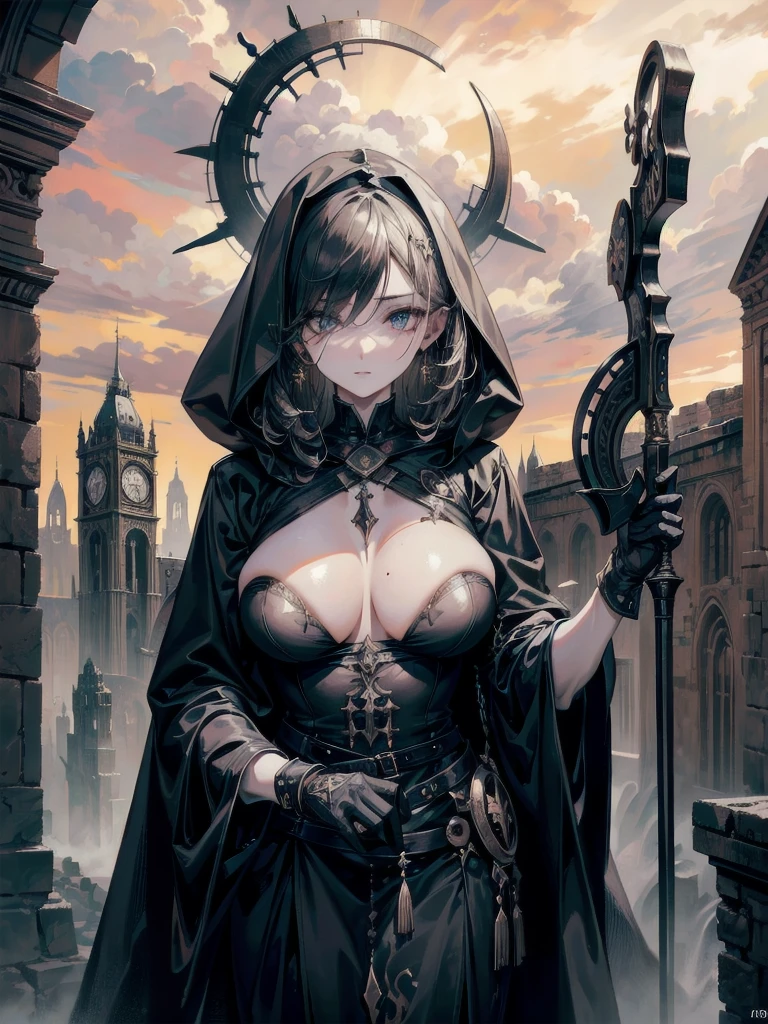 (ruined city), grim reaper, black scythe, robe, whole body shot,  a massive tower, ancient architecture, imposing structure, dramatic clouds, epic scale, mystical atmosphere, golden light, glowing windows, intricate details, dramatic shadows, moody sky, sweeping vista, beautiful architecture, complex design, fantasy landscape, cinematic lighting, fantastical elements, hyper-realistic rendering, stunning details, highly detailed, photorealistic, masterpiece, 8k, best quality, absurdres, RAW photo, extremely delicate and beautiful, masterpiece, Best Quality, ultra high resolution, 32k, hyperrealistic, ultra-detailed, perfect figure, detailed description, pale skin, 20 years old, detailed beautiful face and eyes, tearful mole, earring, short medium hair, wavy hair, 