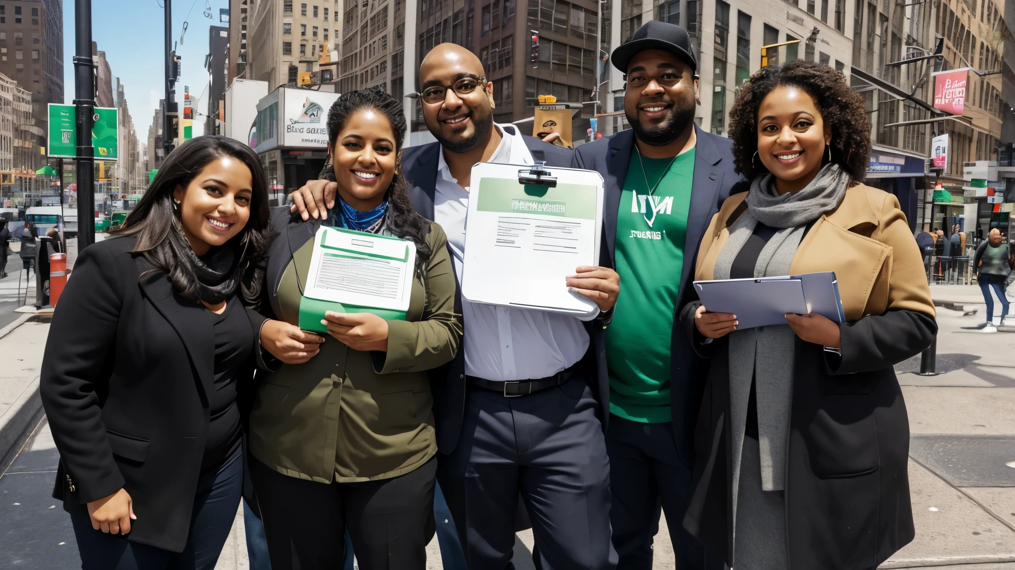 Attractive people holding clipboards and smiling while standing on a New York City sidewalk. The people are standing left to right, Hispanic woman, White male, tall Arab man, pretty black woman, fat old black man and a =beatiful white femail. All the peple are holding clip boards to get signatures for Green candidates to be on the New York State ballot