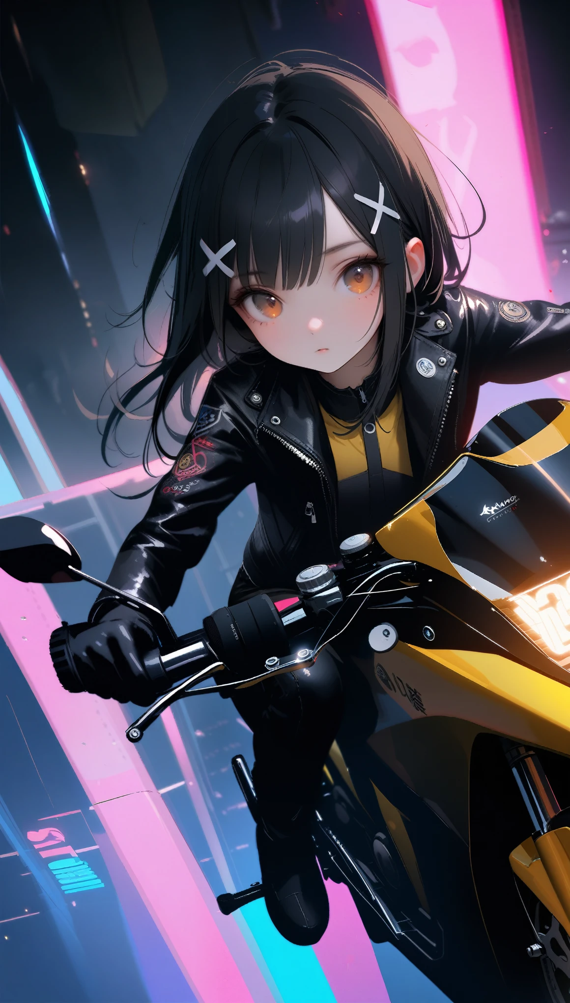 [artist:ningen_mame],[artist:sho_(sho_lwlw)],[artist:mignon],[artist:kedama milk],[artist:ask_(askzy)],artist:wanke,artist:wlop,artist:fujiyama,year 2024,8k,cyberpunk style,1girl,(Miyu Edelfelt),black hair,brown eyes,small chest,x hair ornament,Tight leather jacket and leather pants cover the whole body,High-heeled leather boots,(riding yellow SUZUKI GSX1300R motorcycle),Beautiful,Glowing special effects,celluloid style,Flat coating,HD,CG art,comics,8K,looking into camera,high quality,illustration,Vaporwave style,rim light,movie lighting,Super detailed,complex,OC renderer,cinematic perspective,high resolution