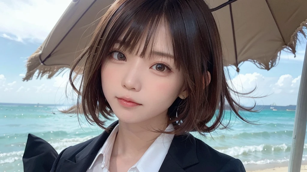 (Dynamic Angle:1.3),Extreme close up,((the wind is strong)),映画ofハイライト,1人of女of子,Upper Body,dancing,View your viewers, ((On the beach, alone)), jewelry, blank eyes,brooch, 茶hair,( 長いhair:1.2),floating hairlong_sleeve, ribbon, Jacket, dress, gem, hair_ribbon,null, depth_of_Field, a close view of flying petal,
