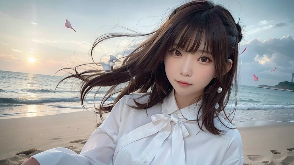(Dynamic Angle:1.3),Extreme close up,((the wind is strong)),映画ofハイライト,1人of女of子,Upper Body,dancing,View your viewers, ((On the beach, alone)), jewelry, blank eyes,brooch, 茶hair,( 長いhair:1.2),floating hairlong_sleeve, ribbon, Jacket, dress, gem, hair_ribbon,null, depth_of_Field, a close view of flying petal,
