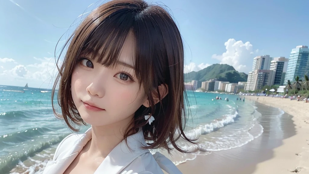 (Dynamic Angle:1.3),Extreme close up,((the wind is strong)),映画ofハイライト,1人of女of子,Upper Body,dancing,View your viewers, ((On the beach, alone)), jewelry, blank eyes,brooch, 茶hair,( 長いhair:1.2),floating hairlong_sleeve, ribbon, Jacket, dress, gem, hair_ribbon,null, depth_of_Field, a close view of flying petal,