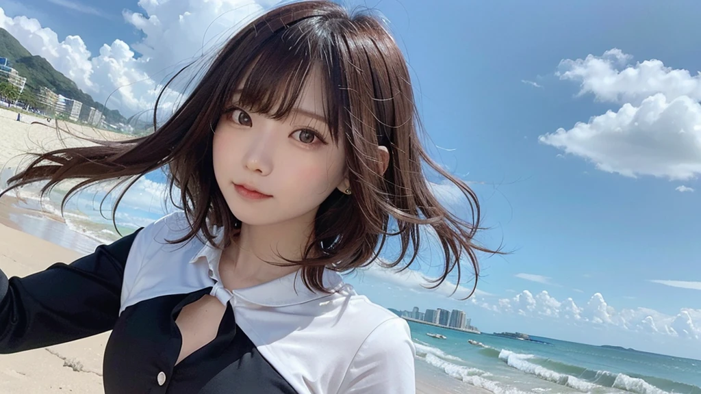 (Dynamic Angle:1.3),Extreme close up,((the wind is strong)),映画ofハイライト,1人of女of子,Upper Body,dancing,View your viewers, ((On the beach, alone)), jewelry, blank eyes,brooch, 茶hair,( 長いhair:1.2),floating hairlong_sleeve, ribbon, Jacket, dress, gem, hair_ribbon,null, depth_of_Field, a close view of flying petal,