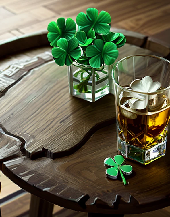 Pixel art, symbols of Saint Patrick day,  glass of whiskey on the table,  three-leaf clover next to glass (shamrock), pixel art