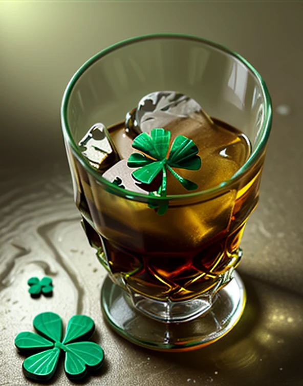 Pixel art, symbols of Saint Patrick day,  glass of whiskey on the table,  three-leaf clover next to glass (shamrock), pixel art