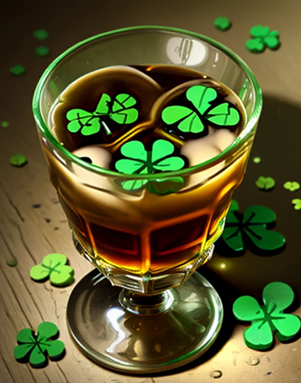 Pixel art, symbols of Saint Patrick day,  glass of whiskey on the table,  three-leaf clover next to glass (shamrock), pixel art