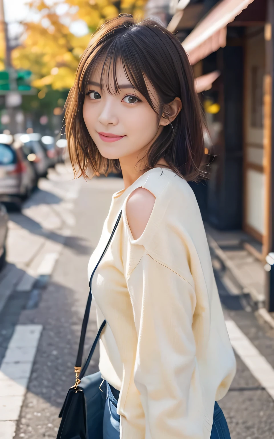 Cute 21 year old Japanese、city、shopping、Highly detailed face、Pay attention to the details、double eyelid、Beautiful thin nose、Sharp focus:1.2、Beautiful woman:1.4、(Light brown hair,short hair、),Pure white skin、highest quality、masterpiece、Ultra-high resolution、(Realistic:1.4)、Highly detailed and professional lighting、nice smile、Please show me your whole body、Cute autumn clothes、
