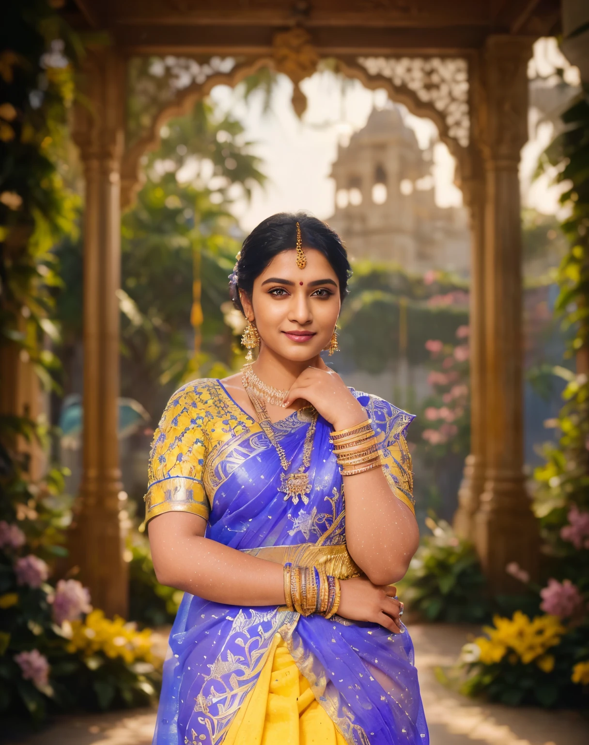 a woman in a blue and yellow sari posing for a picture, traditional beauty, matte painting portrait shot, blue colored traditional wear, movie stills photography, portrait shot 8 k, highly detailed vfx portrait of, inspired by T. K. Padmini, fanart, highly detailed vfx portrait, hyper realistic background, traditional makeup, dramatic smile pose intricate, portait photo profile picture