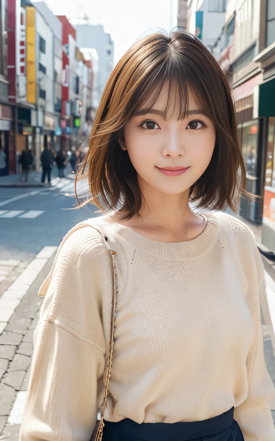 Cute 21 year old Japanese、city、shopping、Highly detailed face、Pay attention to the details、double eyelid、Beautiful thin nose、Sharp focus:1.2、Beautiful woman:1.4、(Light brown hair,short hair、),Pure white skin、highest quality、masterpiece、Ultra-high resolution、(Realistic:1.4)、Highly detailed and professional lighting、nice smile、Please show me your whole body、Cute autumn clothes、