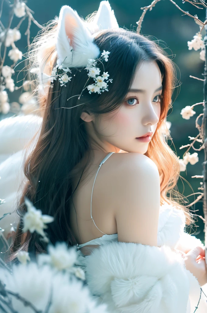 ( masterpiece, top quality, best quality,8k, girl,ultra detailed,raw photo:1.5),(photorealistic:1.4),(cinematic lighting), PerfectNwsjMajic, , Surrealism, UHD, ccurate, Super detail, textured skin, High detail, Best quality, dynamic angle, (high nose,White skin),[Beautiful blue eyes],[flat chest:large breasts:0.5],(1girl),(good anatomy:0.5)), Nine snow-white fox tails (1.0), Milky white fox tail (1.0), Close-up of nine-tailed fox, Nine tails, Nine tails，There are flowers on the hair, Very beautiful fox girl, Beautiful anime fox girl, Beautiful fantasy, guweiz, girl with fox ears, Very beautiful and charming fox girl, flower rain, The background  blurred, Artistic interpretation,a whimsical illustration, Subtle colors and tones, mystical aura, vixen , long hair