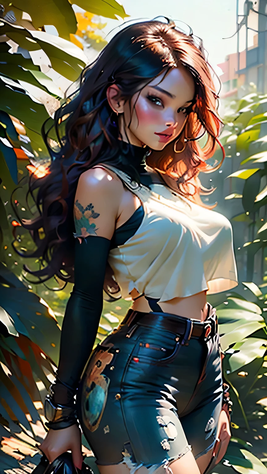 close, samdoesartsスタイルのPlump and beautiful woman, Glamorous and super busty､In a park full of orange leaves , Jeremy Mann, By Sandra Chevrier, Dave McCain、Richard Avedon、Maciej Kuciara, White tank top and swim shorts jeans, Detailed, 8k, masterpiece, 最high quality, high quality, High resolution, (In a park full of orange leaves), (Upper body portrait)､Plump and beautiful woman, Glamorous and super busty､Large Breasts､Big Hips､Curved waist