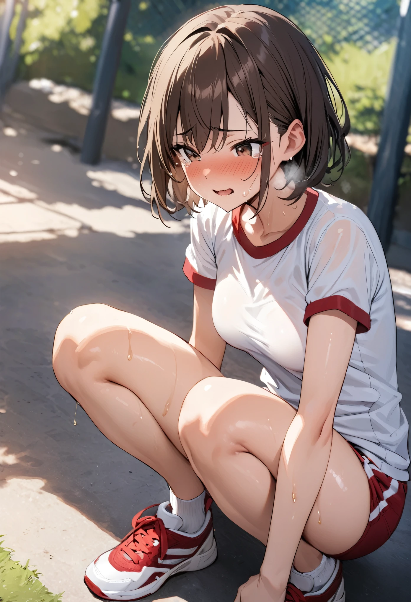 (((masterpiece, highest quality:1.2))),cowboy shot,16 year old beauty,solo,dark brown hair,short bob hair,brown eyes,blunt,skinny,medium breasts,shiny skin,oily skin,sweat,shy,tears,Heavy breathing, BREAK school gym clothes、White short sleeve T-shirt、Red Ringer Neck, school gym red buruma、Sneakers、 BREAK 、squatting,incontinence、peeing、In the shade、Playground backyard、During practice、Daytime、