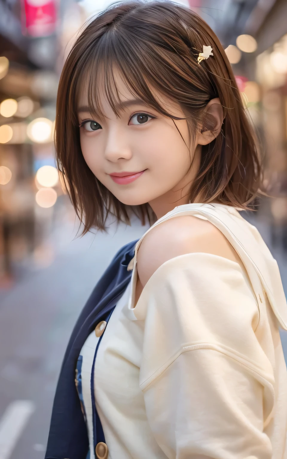 Cute 21 year old Japanese、city、shopping、Highly detailed face、Pay attention to the details、double eyelid、Beautiful thin nose、Sharp focus:1.2、Beautiful woman:1.4、(Light brown hair,short hair、),Pure white skin、highest quality、masterpiece、Ultra-high resolution、(Realistic:1.4)、Highly detailed and professional lighting、nice smile、Please show me your whole body、Cute autumn clothes、