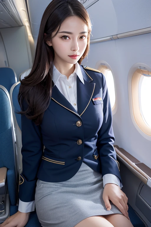 Top Quality, Masterpiece, 8K, Ultra High Definition, (Photorealistic: 1.4), 1 Girl, Beautiful Face, Symmetrical Eyes, Big, Perfect Body Proportions, Stewardess Uniform, Viewer's Look, (Inside the Airplane: 1.2), Front View, Shoulder Jump, Absolute Area (1.3),